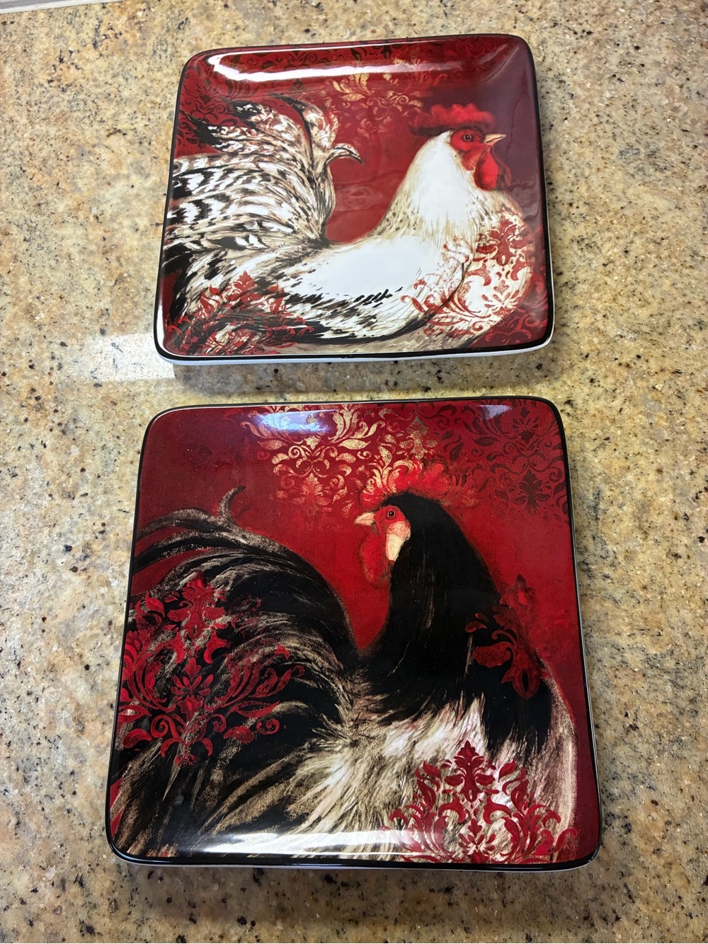 Rooster Decorative Square Serving Plates - Red & Black Set of 2